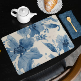 Blue Watercolor Floral Painted Botanical Whimsical Cloth Placemat