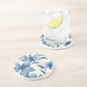 Blue Watercolor Floral Painted Botanical Whimsical Coaster