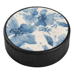 Blue Watercolor Floral Painted Botanical Whimsical Hockey Puck