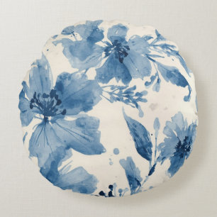 Blue Watercolor Floral Painted Botanical Whimsical Round Pillow