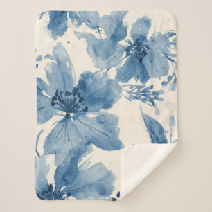 Blue Watercolor Floral Painted Botanical Whimsical Sherpa Blanket