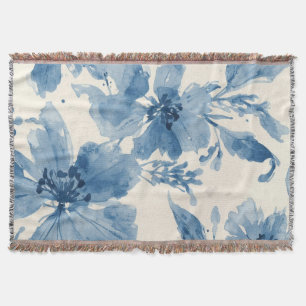 Blue Watercolor Floral Painted Botanical Whimsical Throw Blanket