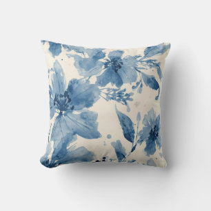 Blue Watercolor Floral Painted Botanical Whimsical Throw Pillow