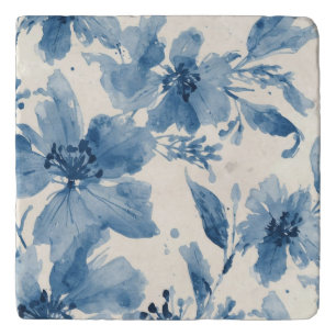 Blue Watercolor Floral Painted Botanical Whimsical Trivet
