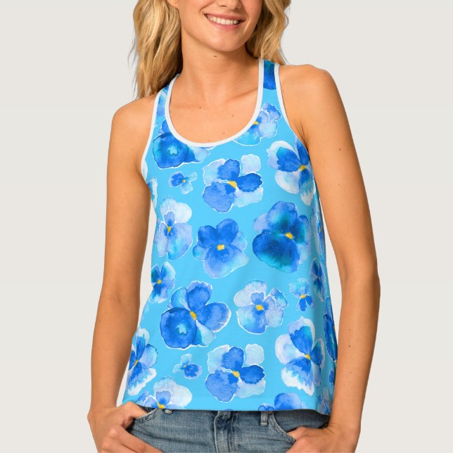 Blue watercolor floral pansy flowers patterned tank top (Front)