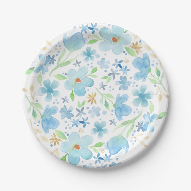Blue watercolor floral paper plate (Front)