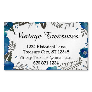 Blue Watercolor Floral Pattern Business Card Magnet