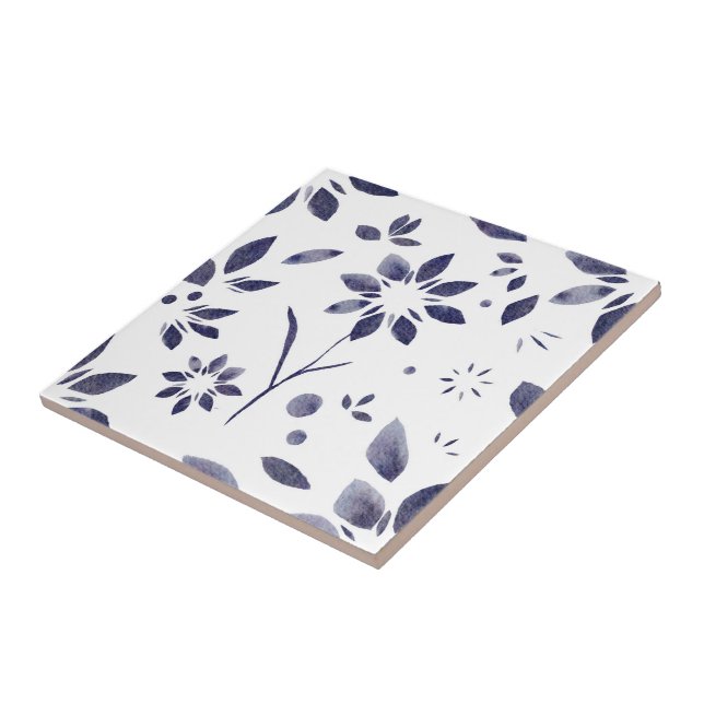Blue Watercolor Floral Pattern Ceramic Tile (Side)