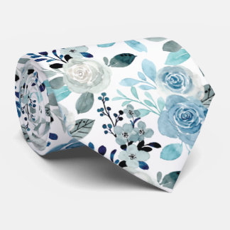 Blue Watercolor Floral Pattern on White, Wedding Neck Tie