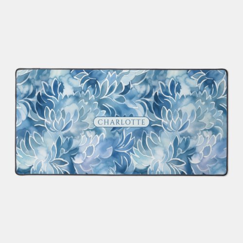 Blue Watercolor Floral Pattern Personalized Name Desk Mat