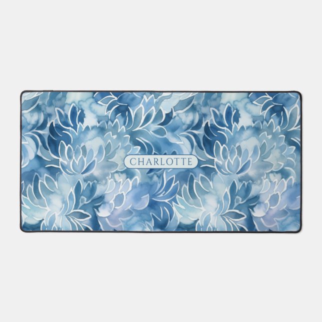 Blue Watercolor Floral Pattern Personalized Name Desk Mat (Front)