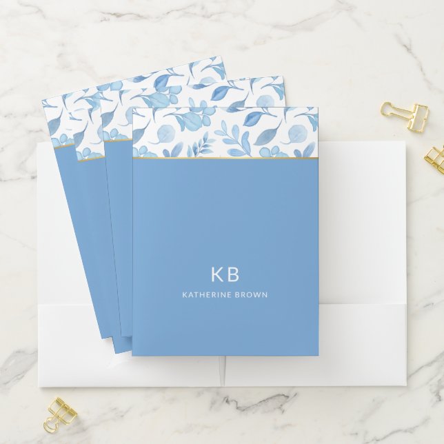 Blue Watercolor Floral Pattern Stylish Pocket Folder (In Situ)