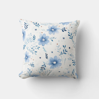 Blue Watercolor Floral Pattern Throw Pillow