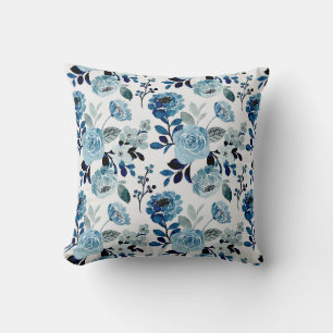 Blue watercolor floral pattern throw pillow