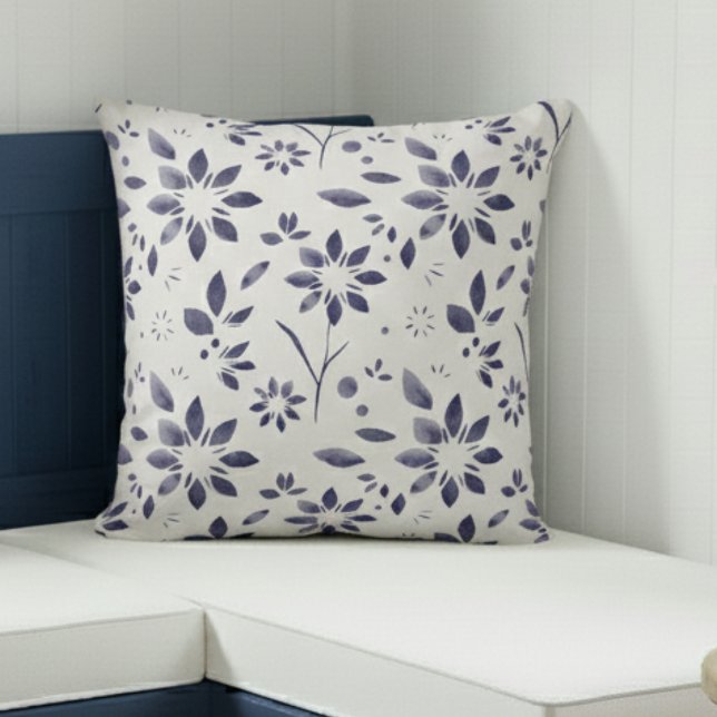 Blue Watercolor Floral Pattern Throw Pillow (Creator Uploaded)