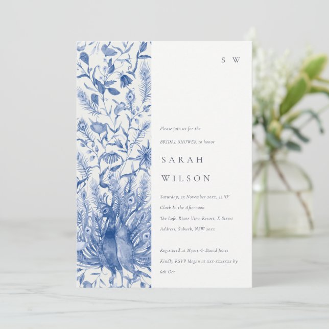 Blue Watercolor Floral Peacock Bridal Shower Invitation (Standing Front)