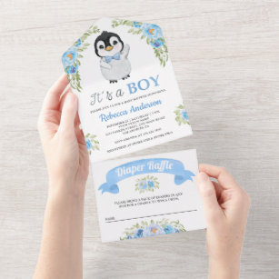 Blue Watercolor Floral Penguin Baby Shower All In One Invitation