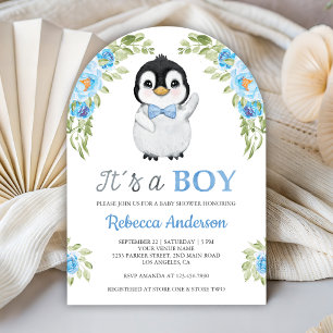Blue Watercolor Floral Penguin Baby Shower Invitation
