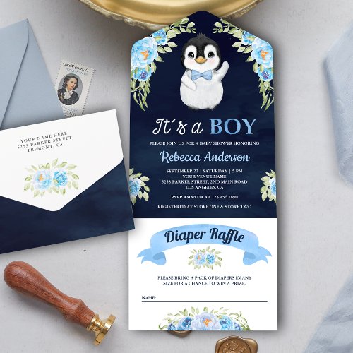 Blue Watercolor Floral Penguin Navy Baby Shower All In One Invitation