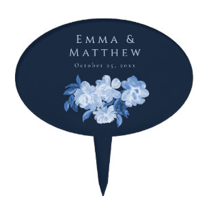 Blue Watercolor Floral Peonies Bouquet Cake Topper