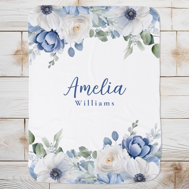 Blue Watercolor Floral Personalized Name Baby Blanket (Creator Uploaded)