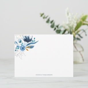 Blue Watercolor Floral Personalized Name Note Card