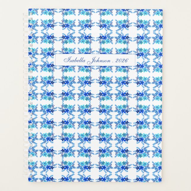 Blue Watercolor Floral Personalized Planner (Front)
