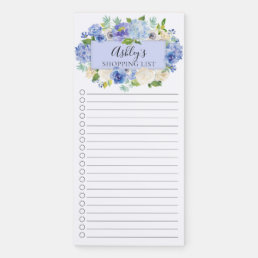 Blue Watercolor Floral Personalized Shopping List  Magnetic Notepad