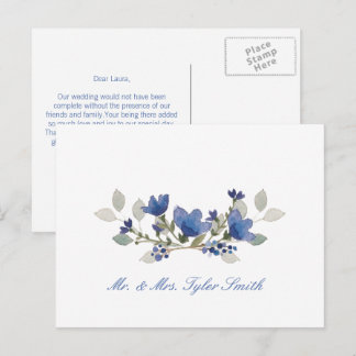 Blue Watercolor Floral Personalized Wedding Postcard