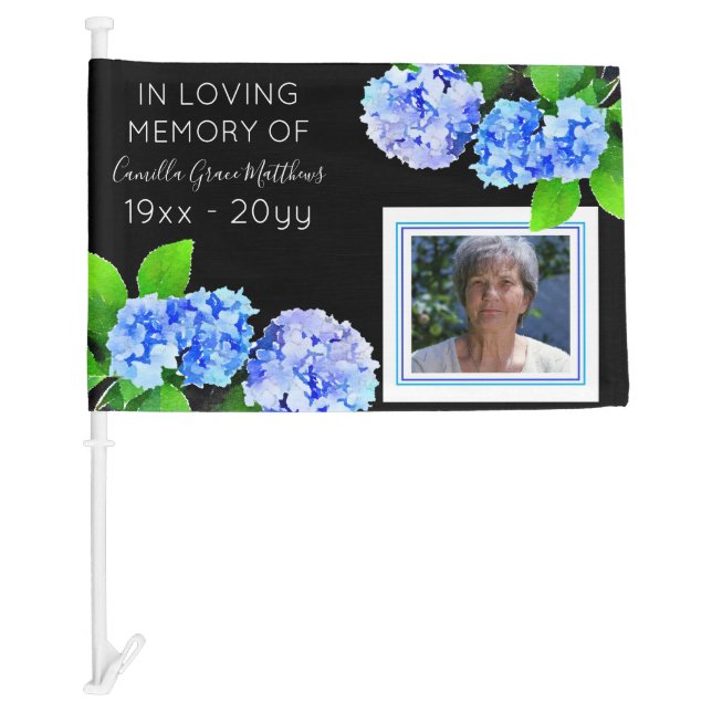 Blue Watercolor Floral Photo Bereavement | Funeral Car Flag (Front)