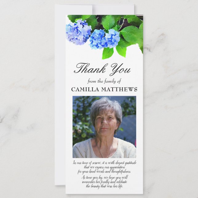 Blue Watercolor Floral Photo Bereavement Thank You (Front)