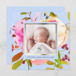 Blue Watercolor Floral Photo Birth Announcement