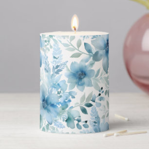 Blue Watercolor Floral Pillar Candle