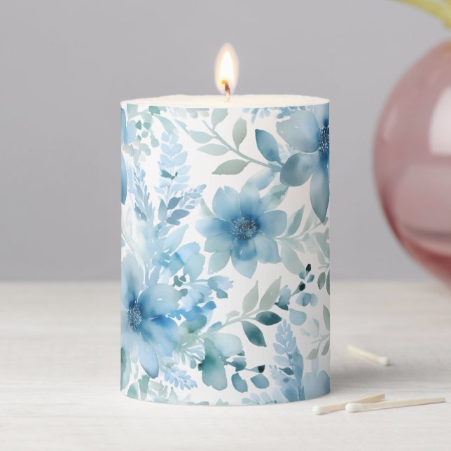 Blue Watercolor Floral Pillar Candle (In Situ)