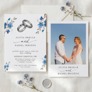 Blue Watercolor Floral Rings Elegant Photo Wedding Invitation