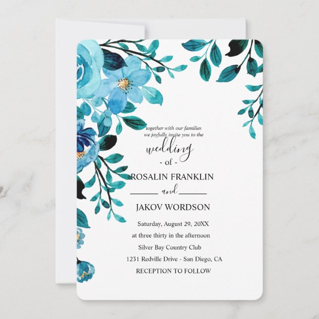 blue watercolor floral rustic wedding invitation (Front)