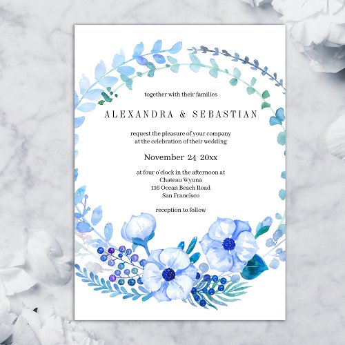 Blue Watercolor Floral Rustic Wedding Invitation