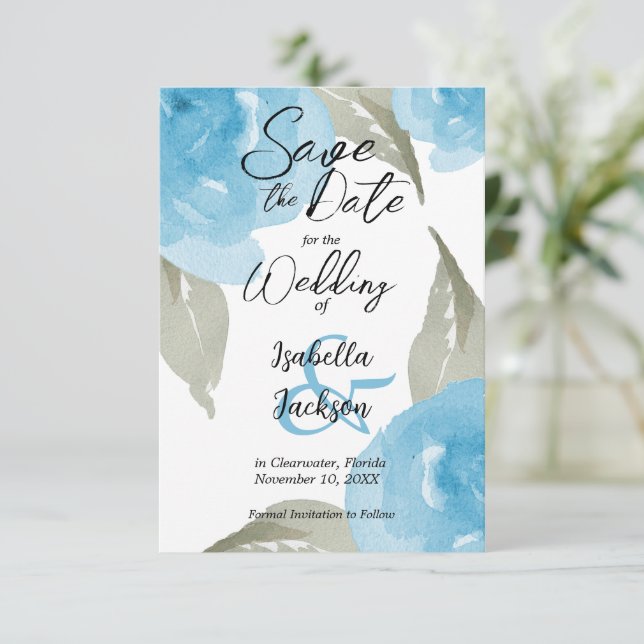 Blue Watercolor Floral  Save The Date (Standing Front)