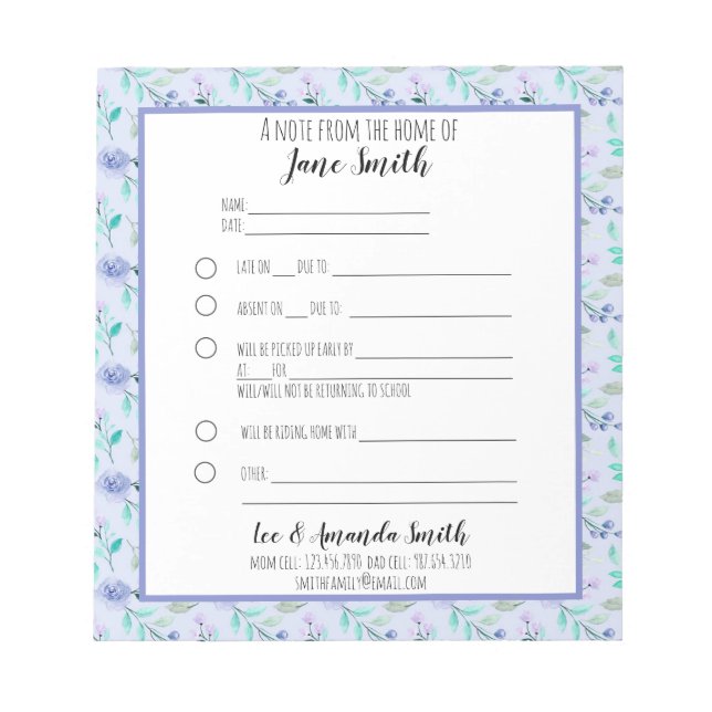 Blue Watercolor Floral School Note Excuse 1 Child (Front)