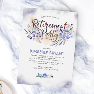 Blue Watercolor Floral Script Retirement Party Invitation