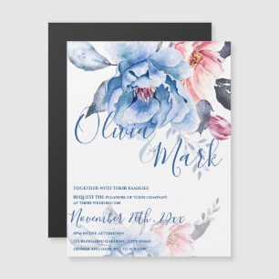 Blue Watercolor Floral Script Wedding Magnetic Invitation