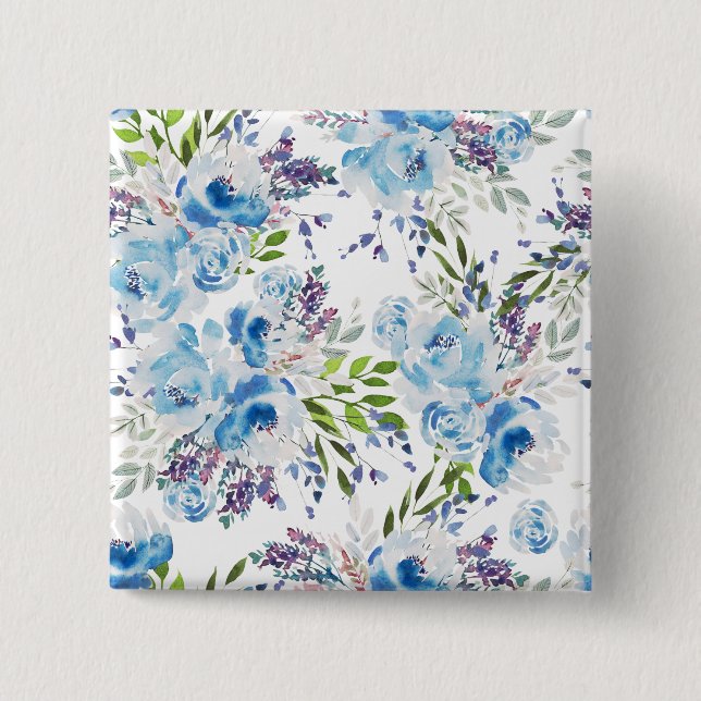 Blue Watercolor Floral Seamless Pattern Button (Front)