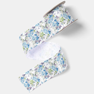 Blue Watercolor Floral Seamless Pattern Satin Ribbon