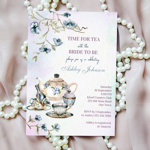 Blue watercolor floral tea party bridal shower invitation