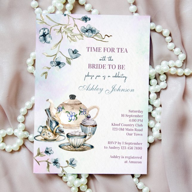Blue watercolor floral tea party bridal shower invitation (Creator Uploaded)