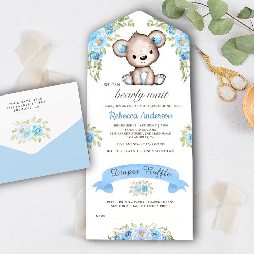 Blue Watercolor Floral Teddy Bear Baby Shower All In One Invitation