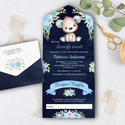 Blue Watercolor Floral Teddy Bear Navy Baby Shower All In One Invitation