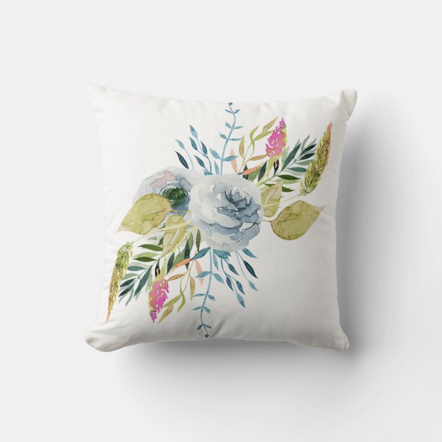 Blue watercolor floral throw pillow (Front)