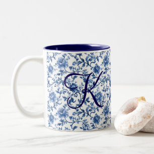 Blue Watercolor Floral Toile Chinoiserie Vintage Two-Tone Coffee Mug