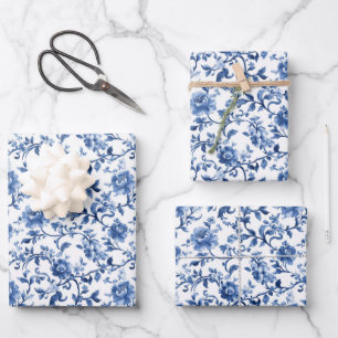 Blue Watercolor Floral Toile Chinoiserie Vintage Wrapping Paper Sheets